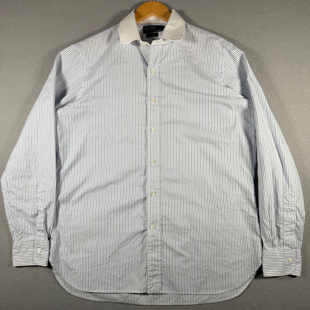 Polo Ralph Lauren Mens Blue White Striped Club Collar Custom Fit Shirt 16-35